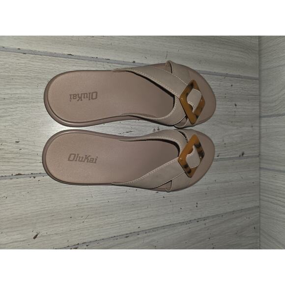 Olukai La‘i Slide Tortoise Shell Criss Cross Sandals Taupe Women's Size 8 - Picture 2 of 6